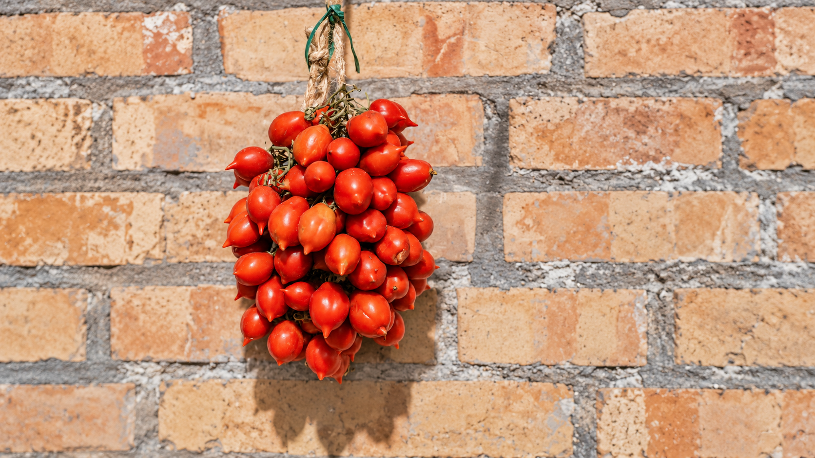 Tomates conservados colgados en una ristra